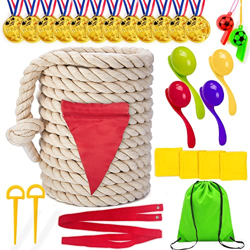 Chennyfun Tir à la Corde Jeux, 6 M de Tir à la Corde, Jeux de Jardin | Avec Médailles,Sifflet et Cuillère à Oeufs,Pour Enfants Adultes,Corde en Coton pour Tir à la Corde,Jeux d'équipe en Plein Air