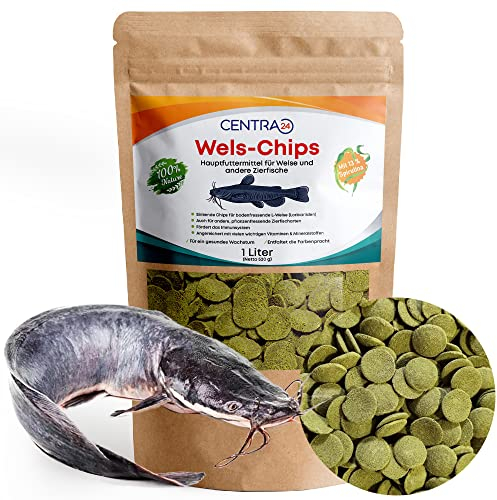 Centra24 Wels-Chips 1 Liter, Formstabile Wafer mit hohem Spirulina Anteil+Vitaminen, Futtertabletten, Welsfutter, Fischfutter, für L-Welse, Zierfische, wiederverschließbar.