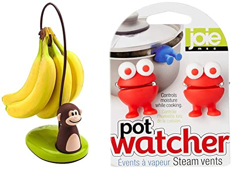 Joie Kitchen Gadgets 77700 Monkey Banana Tree Stand, Plastic, Multi-Colour,40 x 15 x 15 cm & 49033 Joie Pot Watchers Pan Steam Vents-Pack of 2, Silicone