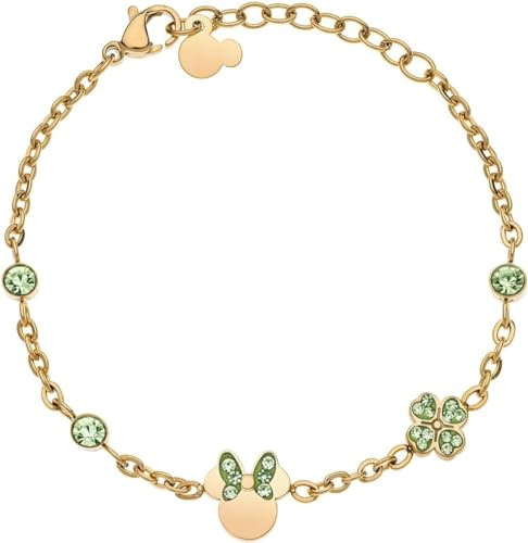 Disney Minnie Maus Armband aus antiallergischem medizinischem Edelstahl vergoldet, mit wertvollen grünen Kristallen, Kleeblatt, Verstellbar, Fertig zum Verschenken, Offizieller Disney Schmuck