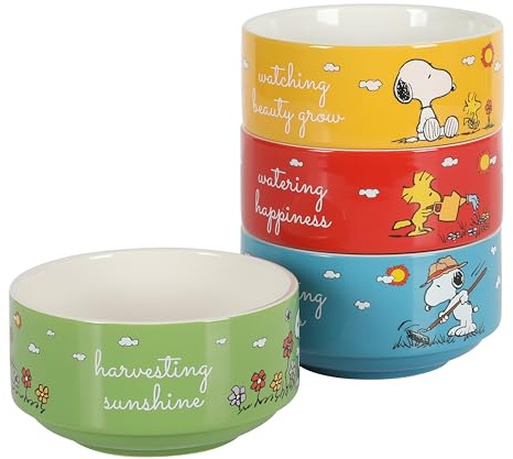 Peanuts Snoopy 5.5-Inch Decorated Stoneware Bowls, Stackable 4-Pack Bowl Set for Cereal, Snacks, or Dessert, Dishwasher & Microwave Safe