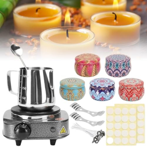 HLGKBY Portable Electric Candle Wax Melter Electric, Wax Melting Pot, Complete Candle Making Kit, Including Melting Pot, Wax Melter Hot Plate, Square Whisk, Candle Wicks
