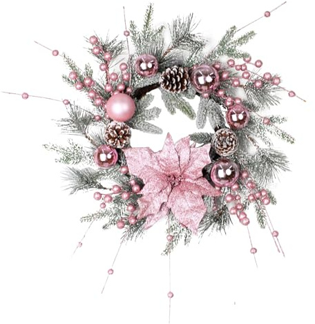 Christmas Wreath for Front Door,Artificial Xmas Rattan Wreaths with Pine Cones and Baubles,Winter Beautiful Golden Garland Suitable for Front Door, Fireplace,Wall,Windows Decoration (Pink (50cm))