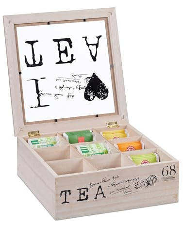 Relaxdays Scatola Porta tè e Tisane, 9 Scomparti per Capsule, Cofanetto in MDF e Acrilico, HLP 9x25x25 cm, Naturale Nero