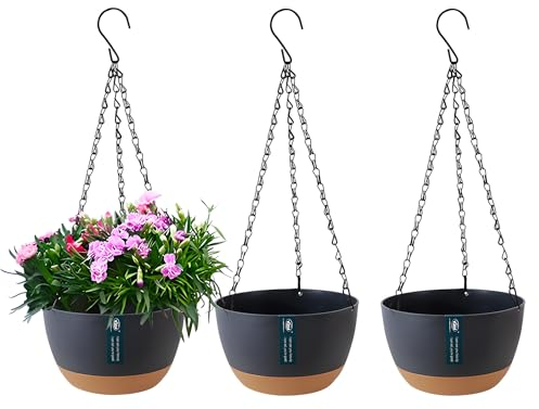 YuanDiann 3er Pack Hängende Blumentöpfe mit abnehmbarem Tablett, Selbstabsorbierende Hängepflanze Blumentopfkorb aus Kunststoff Außen Innen Blumenampel Haus Garten Balkon Dekoration Dunkelgrau 20.5cm