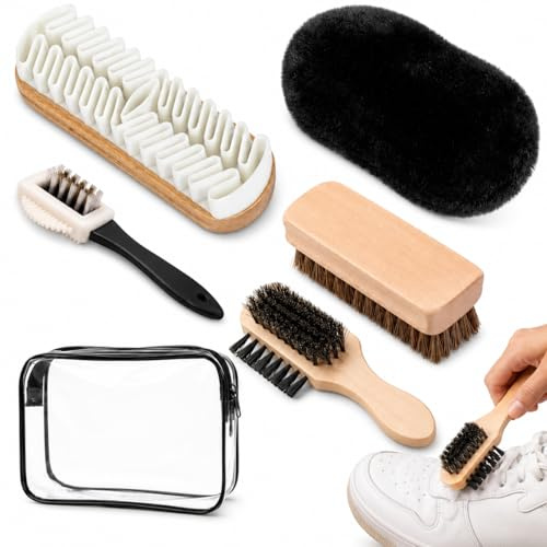 DERJDISF Spazzola per scarpe – Kit di pulizia per scarpe con borsa per stivali, scarpe, seggiolini auto, divani e borse, set di pulizia per scarpe in pelle scamosciata per la cura delle scarpe