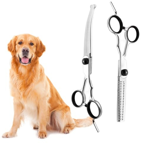 XoeLLe Professionell hundgrooming sax, 2 stycken hundgrooming rostfritt stål sax med runda säkerhetsbitar, hundgrooming saxkit för djurskötsel (svart)