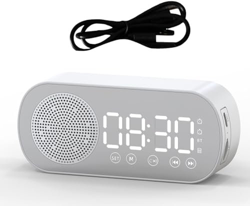 MOLERRI Enceinte Bluetooth sans avec Radio-Réveil et Double Alarme, Support de Carte TF, Alarme Numérique pour ou Le Bureau, Blanc