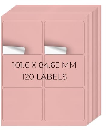 YIKIADA Rosa Universal Etiketten 101,6 × 84,67 MM Vinyl Selbstklebend Ablösbar Blanko Aufkleber Bedruckbar Namenaufkleber Büro Adressetiketten für Tintenstrahl- und Laserdruckern 120 Stück