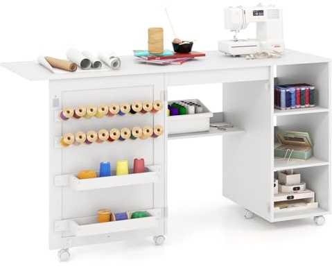 RELAX4LIFE Tavolo da Cucito Pieghevole, Mobile per Macchina da Cucire con Ripiani di Stoccaggio, 2 Contenitori e 18 Ganci, Stazione di Lavoro Portatile con Ruote Bloccabili per Spazi Ristretti