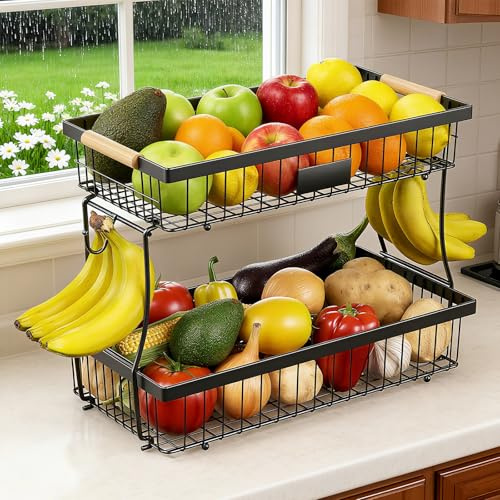 2-Tier Fruit Basket with Banana Hangers, Black Standing Storage Rack | Metal, Wooden handle, Removable Design, Tool-Free Assembly, Versatile Kitchen Countertop Organizer, Vegetables, Seasonings