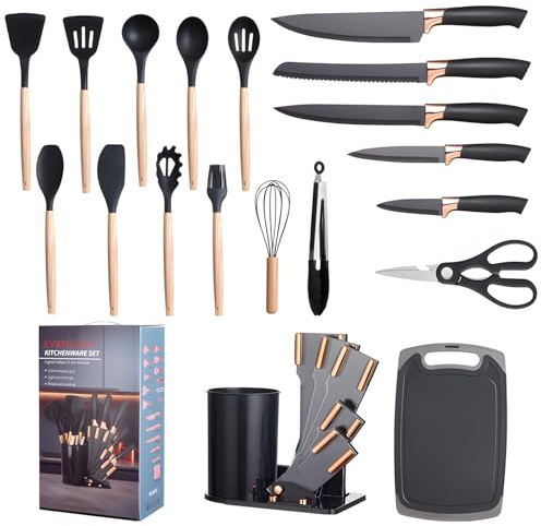 Set de Cuchillos de Cocina - 19, Contiene 11 Utensilios de Cocina de Silicona Juego de Cuchillos de Cocina de Acero Inoxidable de 5 Piezas con Tijeras, Portacuchillas y Tabla de Cortar (Negro)