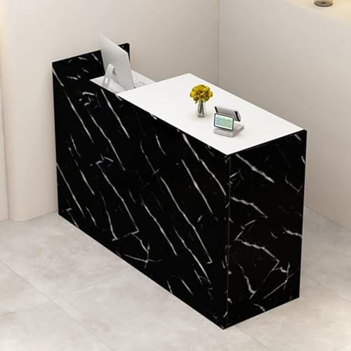 JIAOCKJIAO Empfangstheke, Empfangstresen mit Tastaturablage, Rezeptionstheke mit Abschließbarer Schublade, Holz-Frontthekentisch mit Offenem Bücherregal, Rezeption fürs Büro(Black White,110x50x100cm)