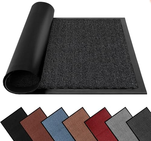 FB FunkyBuys Felpudo lavable para interiores y exteriores, antideslizante, con parte trasera de goma, superabsorbente, para puerta delantera, alfombra de entrada (ondulada antracita, 60 cm x 80 cm)