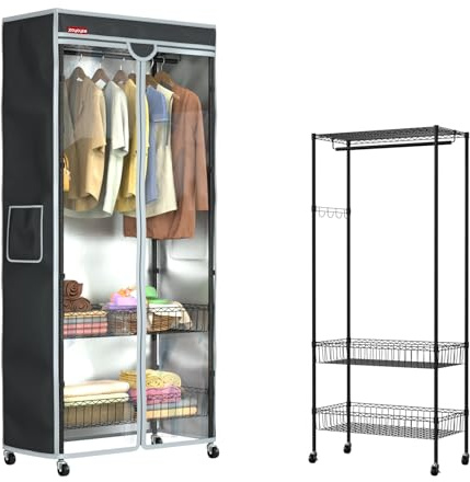 ZOYOYES Garment Rack with Heavy Duty 600D Oxford Fabric Cover, Metal Clothes Rack on Wheels with 2 Storage Baskets & Side Hooks, Rolling Wardrobe Closet Organizer, Black, 31.5 W x 15.8 D x 72.1 H