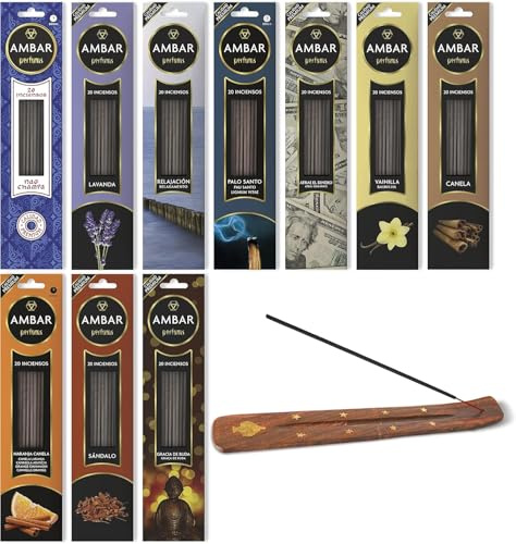 Ambar Inciensos Perfumados, Set de 10 Fragancias, 20 Varillas por Paquete, Dama de Noche, Mirra, Buena Suerte, Manzana, Nag Champa, SPA, Canela, Sándalo, Palo Santo, Relax + Quemador de Incienso