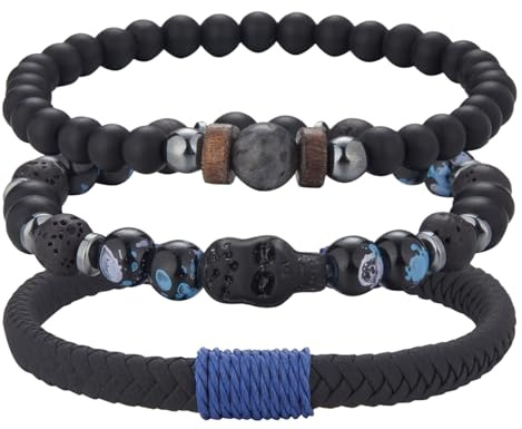 Dazylleco 3 Stück Perlenarmband für Herren Naturstein Armband Schwarz Edelstahl Leather Armkette Armband Verstellbare Schmuck Set Herren Geschenk Vatertag für Männer
