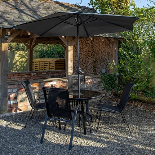 Samuel ALEXANDER Outdoor 4 Person Round Glass Top Garden Dining Table & Chairs Set with Grey Havana Parasol & Base