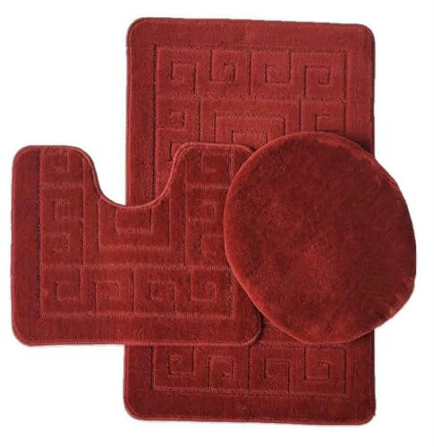 Luxury Ultra Plush 3 Pcs Greek Style Bath Mat Set, Premium Anti Slip Extra Absorbent Polypropylene 1 Bath Mat, 1 Lid Cover, 1 Contour Mat Toilet Rug Bathroom Accessories Décor, Maroon