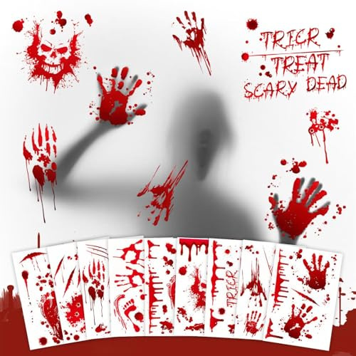 Kezidhp 118 Stück Halloween Blutige Fensteraufkleber Deko Horror Fensterbilder Bluthand Doppelseitig Wiederverwendbar 11 Bögen Gruselige Blut Aufkleber für Scary Halloweenpartys