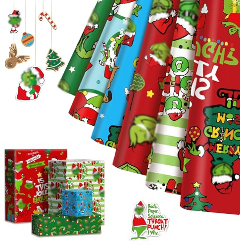 12 Fogli di Carta Regalo Natale | Carta da Pacchi Natalizia Premium 68,5 x 50,5 cm | 6 Design Festivi e Divertenti | Per Regali, Fai da Te e Decorazioni