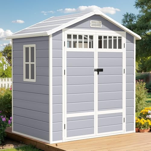 DWVO 6x4.4 FT Resin Storage Shed with Fence-Style and Side Windows, Lockable Door, and Vents for Garden, Backyard, Patio, Lawn, Gray