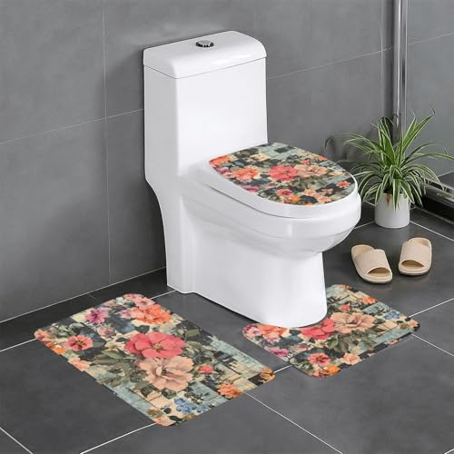 WZYWHJ Lot de 4 tapis de salle de bain motif patchwork floral rétro, antidérapant, durable, facile à nettoyer, convient pour salle de bain et WC