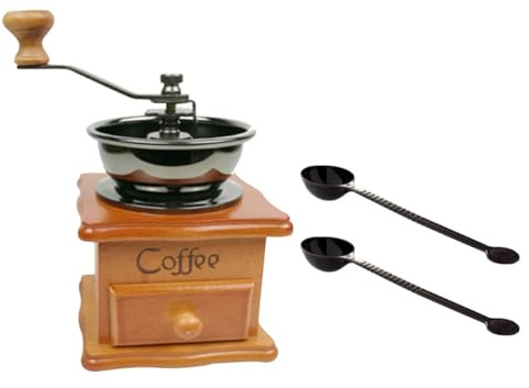 TOYANDONA Molinillo de Café Manual Antiguo de Madera de Haya Manivela, Muela de Cerámica Ajustable, Molinillo Pequeño para Cocina Casera, Incluye 2 Cucharas de Granos