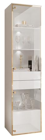 Lookway Vitrine Aurora mit LED Weiß Hochglanz mit Glasfront, Golddekor, Schubladen & Regale, Hängend oder Stehend, Modernes Design (Hängend)