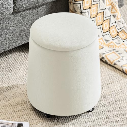Hellove Tabouret Repose Pied Pouf avec Rangement Pouf Salon en Tissu à roulettes Boucle Terry, Ottomans Ronds Ø37 x 45cm pour Coiffeuse, Salon, Chambre, Bureau, Dortoir, Beige Crème