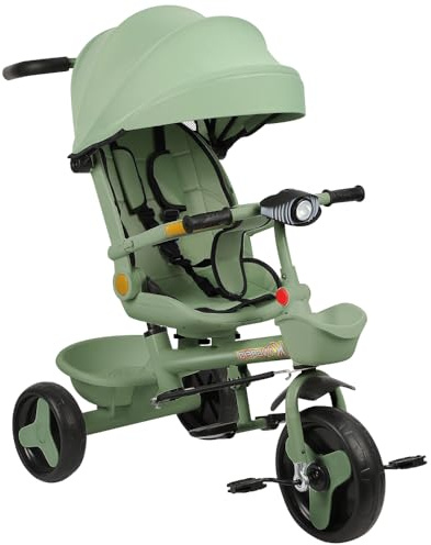 Belfoyer Carrito Bebé 3 en 1, Cochecito de Bebé Multifuncional con Silla de Paseo Ligera, Triciclo Infantil con Luz, Música y Cesta de Almacenaje, Plegable(Verde)