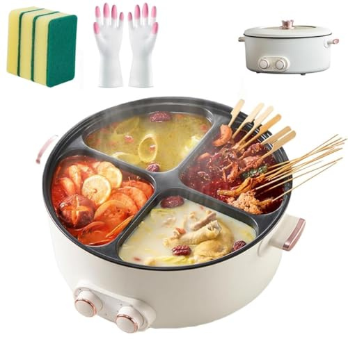 Faitout électrique à quatre grilles, 6 L multifonctionnel à 4 compartiments avec 4 casseroles individuelles, parfait pour les fêtes à la maison et les casseroles chinoises, 4 saveurs simultanément