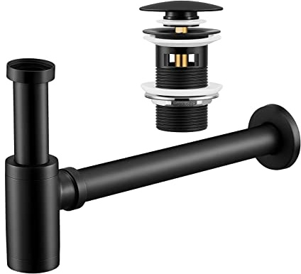 Tayqwiheva Siphon Pop Up Ablaufventil mit überlauf, Universal Design Syphon Waschbecken Ablaufgarnitur, Röhrensiphon Geruchsverschluss mit Reinigungsöffnung, Tauchrohr verstellbar, Schwarz