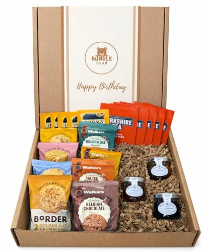 Afternoon Tea Hamper Gift Set – 9 Biscuit Twin Packs, 3 Fruit Jam Pots & 12 Premium Tea Bags – Luxury British Treat Box, Gift Hamper for Women, Men & Couples – Thank You Hamper (Happy Birthday)