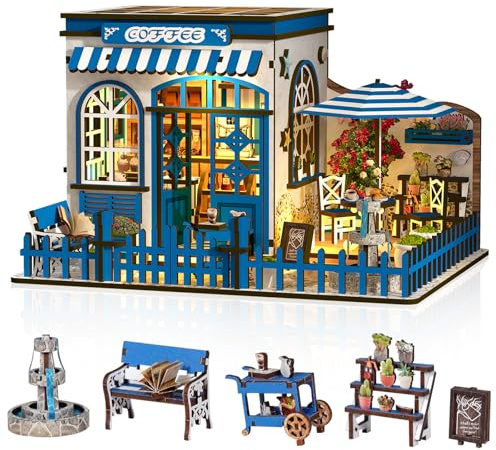 Hallisun DIY Miniature Maison, Café Puzzle 3D en Bois avec Lumière LED, Kit de Maison de Café poupée pour Adultes, Créatif Décoration pour Intérieure Maquette à Construire Cadeau d'anniversaire