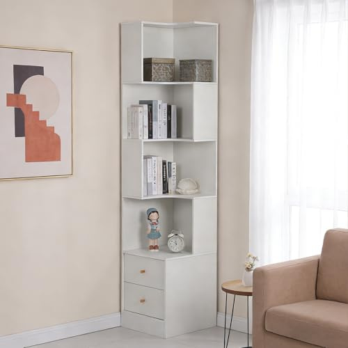 FAHKNS 71 H Corner Bookshelf, Tall Corner Shelf with Drawer, 5-Tier Corner Bookshelf with Storage for Living Room, Study and Office