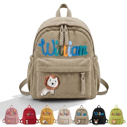 CGFN Personalisierter Kinder Rucksack Kita & Schule Cord mit Namen (Khaki) | Personalisiert & Kuscheltier-Mix, Weicher & robuster Cord