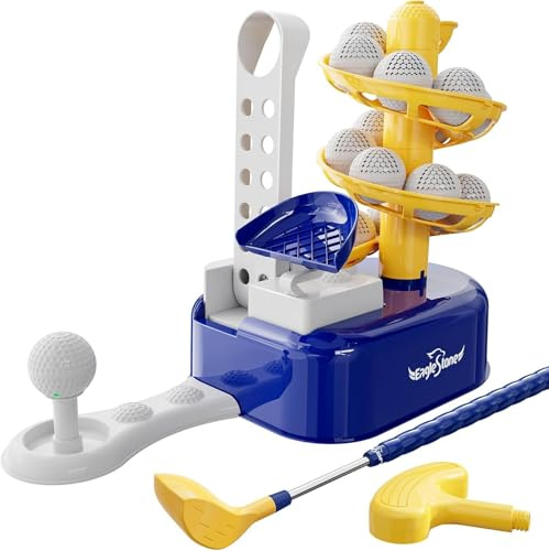 EagleStone Kids’ Golf Set with Foot Pedal Ball Launcher, Adjustable Club | Includes 15 Balls and Cart, Indoor and Outdoor Toy Gift for Boys and Girls Aged 3-8, Blue