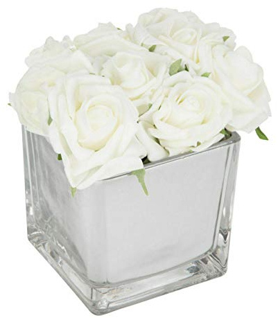 White Roses in Mirror Cube Artificial Plant Flower Ornament Artificial Flowers Hotel Wedding Home Decorative Flower Home Decor Gift