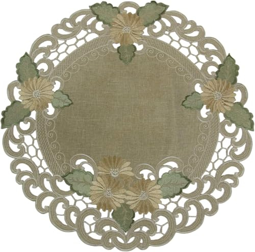 Quinnyshop Mitteldecke klein Leinen-Optik Blumen Stickerei ca. 60 cm Rund Polyester, Grün-Beige