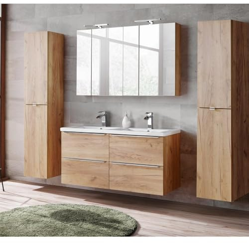 Lomadox Komplett Badmöbel Set mit Doppel-Keramikbecken 120 cm und 2 Spiegelschränken, Wotaneiche & Hochglanz weiß, Breite 230cm