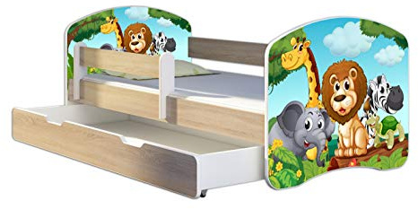 Kinderbett Jugendbett mit einer Schublade und Matratze Sonoma mit Rausfallschutz Lattenrost ACMA II 140x70 160x80 180x80 (02 Animals, 140x70 + Bettkasten)