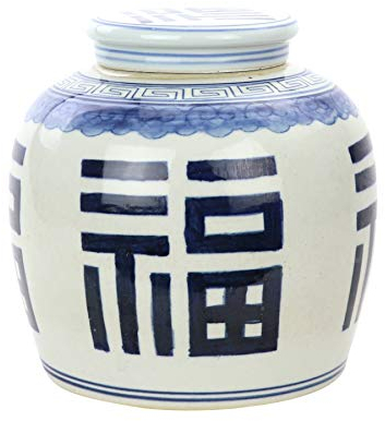 Fine Asianliving Pot à Gingembre Chinois Chance Bleu Peint à la Main L23xH23cm Chinois Vase avec Couvercle Asiatique Jingdezhen Mandarin Décorative