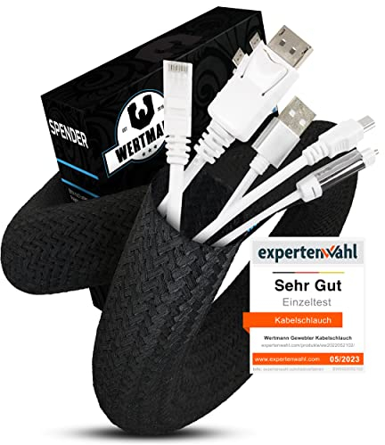 Wertmann gewebter Kabelschlauch schwarz [3m] inkl Klettkabelbinder - Durchmesser [12-20mm] passt Sich an - als TV Kabelkanal schwarz oder für den PC als Kabelkanal Schreibtisch