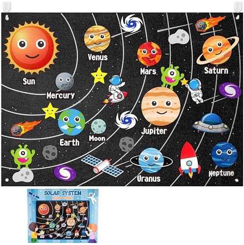 WATINC 44Pcs Outer Space Felt Story Board Set 3.5 Ft Solar System Universe Storytelling Flannel Interactive Play Kit with Hooks Astronaut Planets Alien Galaxy Reusable Wall Hanging Gift for Boys Girls