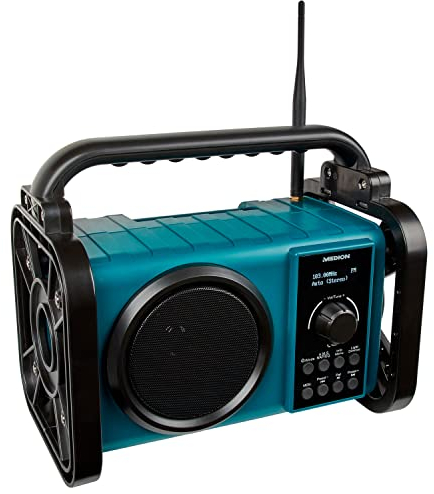 MEDION E66045 DAB+ Baustellenradio (Robustes Gehäuse, Spritzwassergeschützt (IP44), Bluetooth 5.0, PLL UKW Radio, LED-Arbeitslicht, Akku- und Netzbetrieb) blau