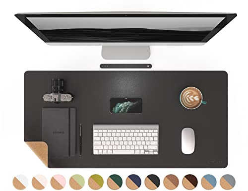 RENMTURE Doppelseitiges Mauspad, Naturkork und PU-Leder, große Schreibtischunterlage für Büro und Heimarbeit, Schreibtischschutz, rutschfest, wasserdicht, leicht zu reinigen (Schwarz, 90 x 43 cm)