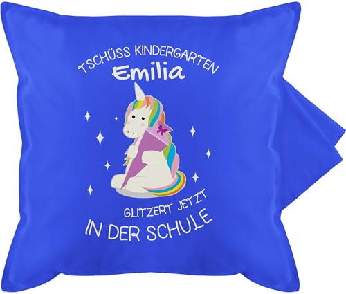 Kissenbezug - Einschulung Kissen - Einhorn Tschüss Kindergarten Schultüte Lila - 50 x 50 cm - Blau - personalisierte Geschenke mädchen Schulanfang sitzkissen Schule Schulkind Kita kissenhülle