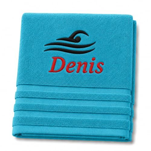 Pet-Jos Schwimmen Personalisiertes Badetuch mit Namen Schön gestickter Sport Name Handbadetuch 100% Baumwollhandtuch Sportliche Motive Personalized Custom Towel with Name (140 x 70 cm, Schwimmen)