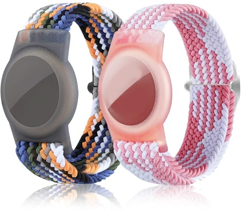 Barnarmband förAirTa, 2-pack Air Tag armband kompatibla medAirTa resväskor, justerbar GPS-spårare fodral klockarmband radie 4,5 till 7,2 tum (mörkblå + vit rosa).